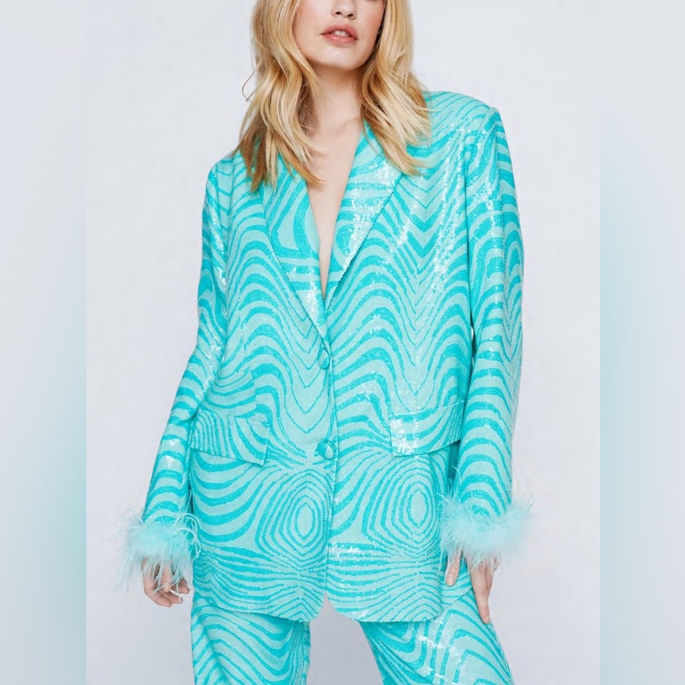 Feather Trim Marble Sequin Blazer